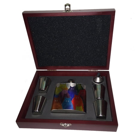

KuzmarK 6 oz. Stainless Steel Flask Set in Rose Wood Presentation Box - Very Colorful Two-Toned Silly Maine Coon Kitties White Background Art by Denise Every