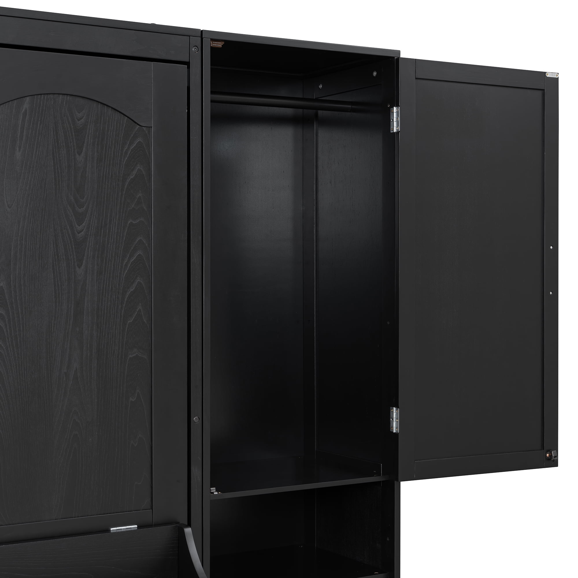 Queen Size Murphy Bed with 2 Closet, 4 Drawers and Open Shelves for Small Space, Guest Room