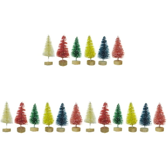 Jiyike 72 pcs Mini Christmas Trees with Sticky Wooden Base Miniature Small Desktop Tabletop Snow Covered Xmas Trees for Home Office Party Decoration (Mixed Colors)