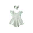 thumbnail image 1 of Faithtur Newborn Girl Romper Outfits, Sleeveless Lace Patchwork Solid Color Dress Style Romper + Cute Headband Set, 1 of 9
