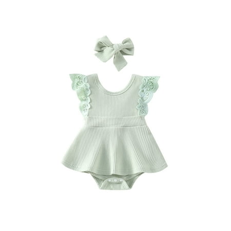 

CIYCuIT 2pcs Summer Baby Girls Romper Dress Headband Knitted Lace Fly Sleeve Solid Ruffles Jumpsuits Clothing
