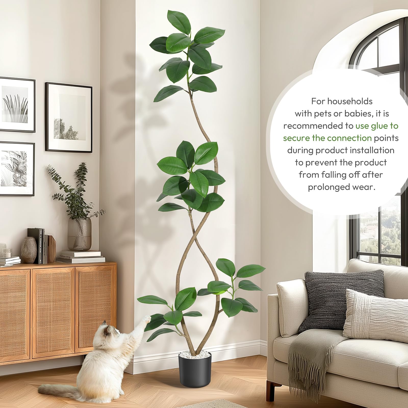 5FT Artificial Plant Rubber Tree with White Sphere Resin Planter & Stone,Faux Plants Indoor Faux Floor Plant Faux Fiddle Leaf Fig Tree Indoor Artificial Tree Tall Plant Fake Tree for Home Decor