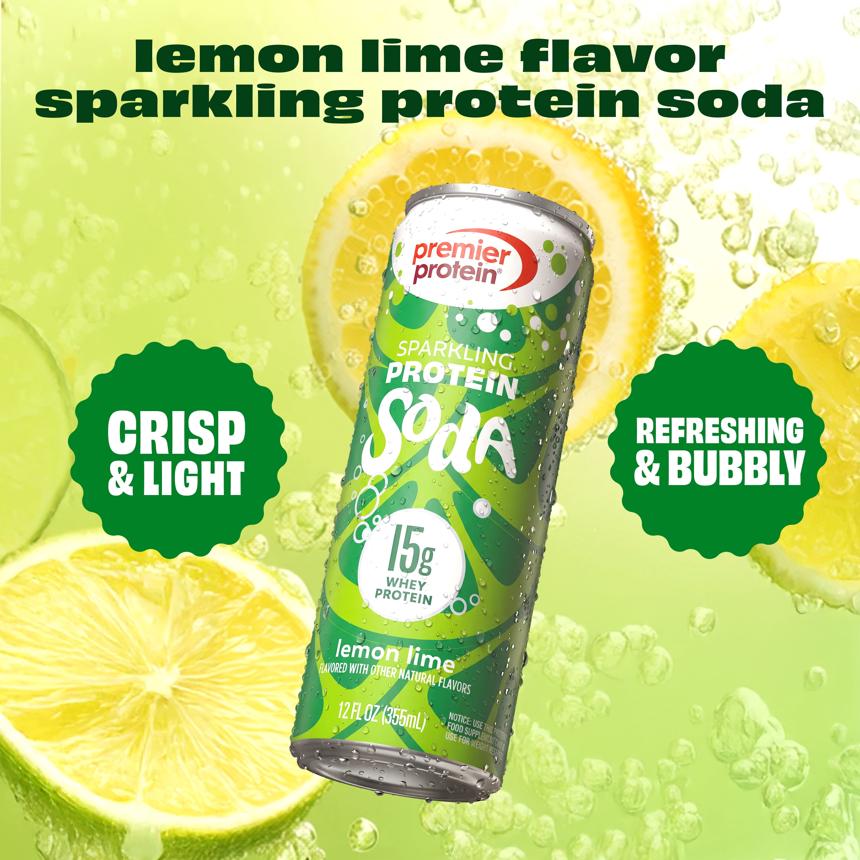Premier Protein, Sparkling Protein Soda, 15g Protein, Lemon Lime, 12 Fl Oz, 4 Ct