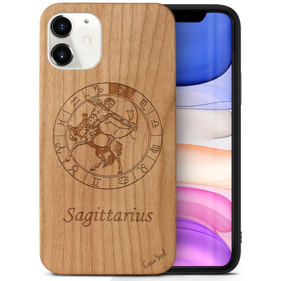 Case Yard Wooden Case Outside Soft TPU Silicone Slim Fit Shockproof Wood Protective Phone Cover for Girls Boys Men and Women Supports Wireless Charging Sagittarius Sign Design case for iPhone-12-Mini