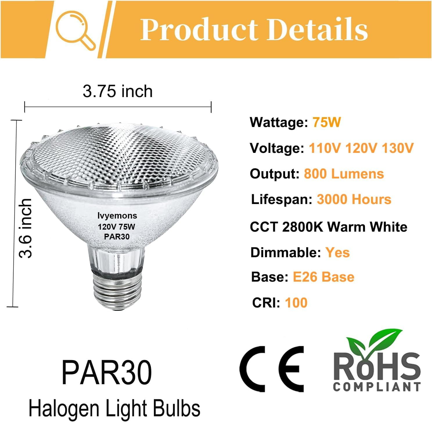 6 Pack Lvyemons PAR30 Short Neck 75W Halogen Flood Light Bulbs E26 Dimmable 2800K Warm White for Recessed/Accent/Tracking Lighting