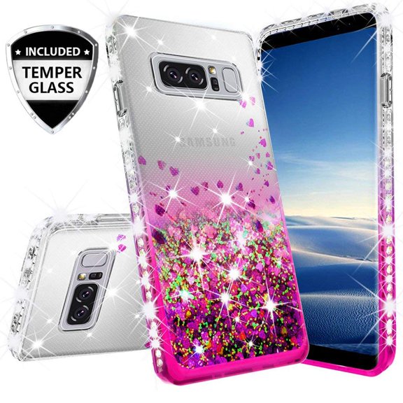 Compatible for Samsung Galaxy Note 8 Case, with [Temper Glass Screen Protector] SOGA Diamond Glitter Liquid Quicksand Cover Cute Girl Women Phone Case [Clear/Pink]