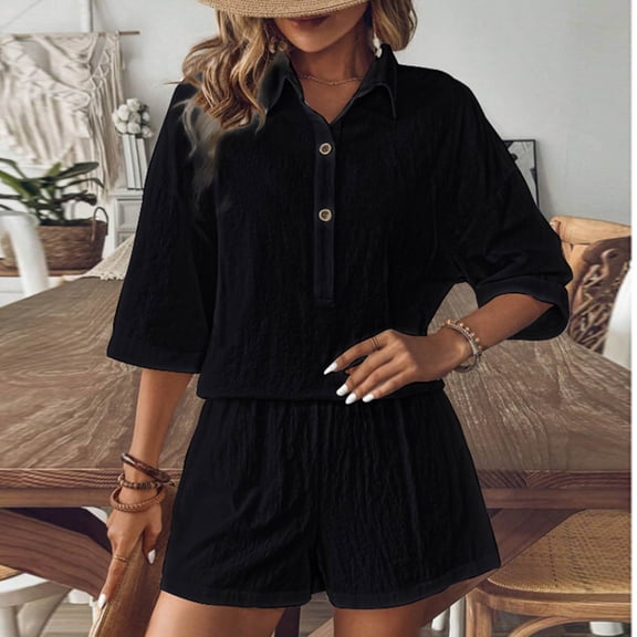 Bixock Women's 2 Piece Loose Outfits,Half Sleeve Shorts Set,Fashion Loose Leisure Pocket Lapel Collar Long Sleeve Solid Color Outfit Set
