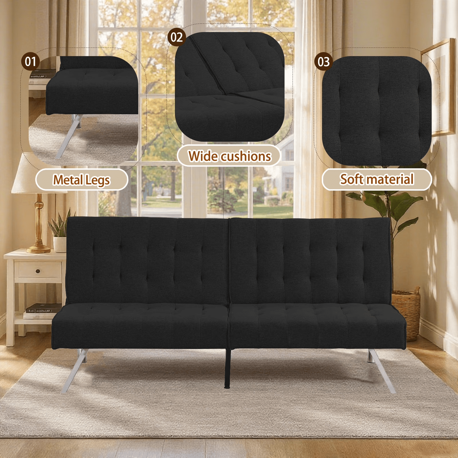 ASINMAK Convertible Sofa Bed Adjustable Couch Sleeper, Fabric Loveseat Futon Bed with Breathable Chenille, Metal Legs, and Adjustable Lounge - Perfect for Compact Living Space - Black