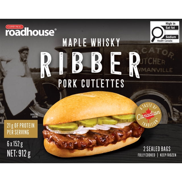 Fully Cooked Seasoned Boneless Pork Cutlette with Maple Whiskey Sauce, Cardinal Roadhouse Maple Whiskey Fully Cooked Pork Cutlette Ribber 6x152g
