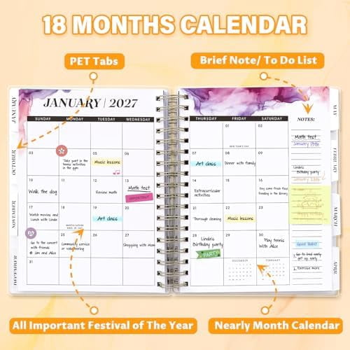 Planner 2026-2027, Large 18 Months Academic Daily Weekly Monthly Planner Yearly Agenda Jan. 2026–June. 2027, 7.9" x 9.8", Page Tabs, Separator Page, Pocket Folder, Bookmark, Stickers, Sticky Note Set