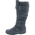 thumbnail image 2 of Womens Knee High Faux Suede Flat Winter Buckle Boots Gray Military Shoes, 2 of 7
