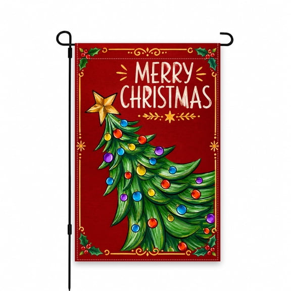 Christmas Tree Garden Flag 12x18 Inch – Festive Red, Green Decor with Ornaments & Star for Outdoor Display, Holiday Yard, Lawn, Patio, Porch Decor