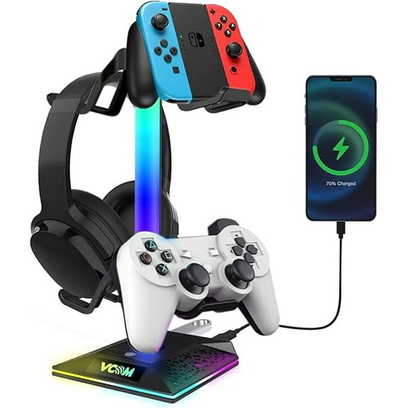 RGB Gaming Headphones Stand with 2 USB Ports Headset Stand with 10 Light Modes and Non-Slip Rubber, Suitable for All Earphone Accessories, Best Gift for Husband, Kids, Boyfriend