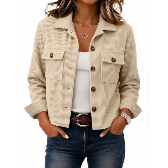 Dweltoz Womens Cropped Corduroy Jacket Button Down Long Sleeve Coats Lightweight Casual Fall Winter Outwear,White M