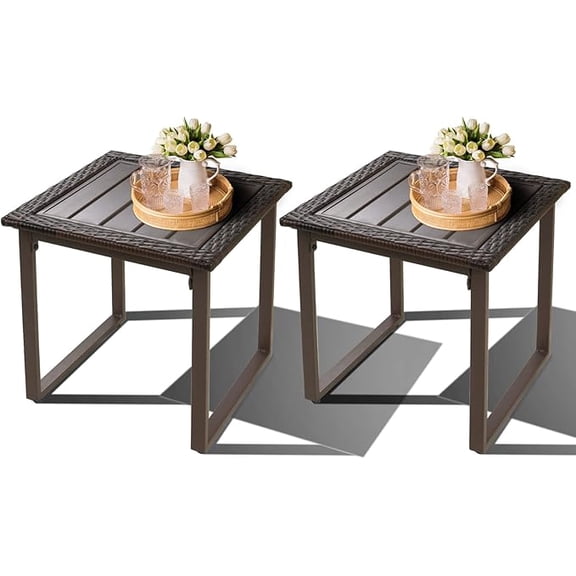 Wicker Outdoor Side Table Set of 2, Square Rattan End Tables, Brown