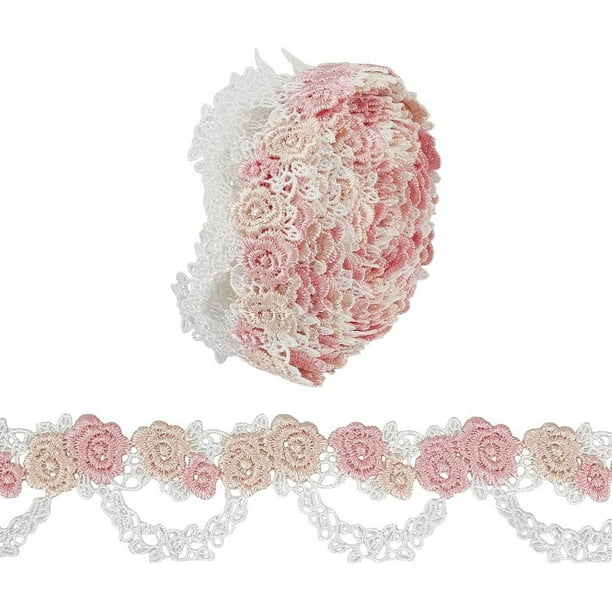 Cinta de encaje bordado con rosas rosas de 5 yardas y apliques florales de 1.5 pulgadas para bodas, costura y manualidades. Cinta con borde de encaje de vid blanca.