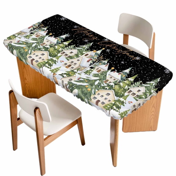 Christmas Table Cloths for 4 Foot Rectangle Tables, Winter Xmas Trees Snowflakes Country Cabin Black Patio Waterproof Elastic Fitted Tablecloths, Washable Rectangular Table Cover for Camping