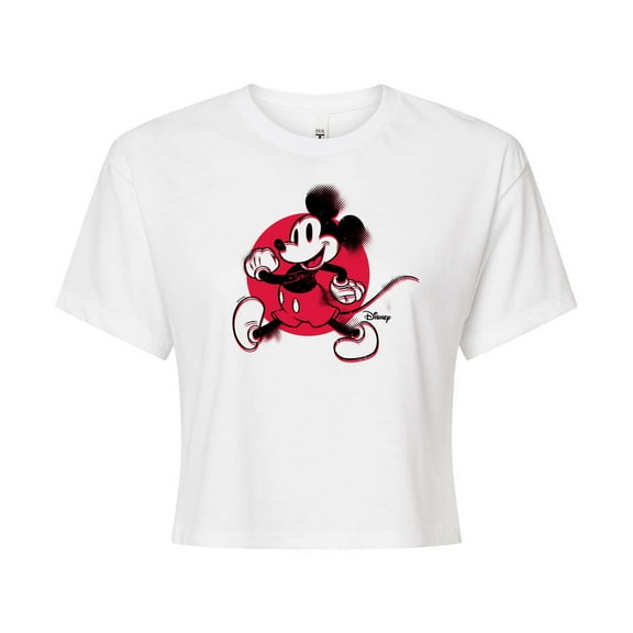 Disney - Mickey & Friends - Mickey Walking - Retro Style Glitch - Juniors Cropped Cotton Blend T-Shirt