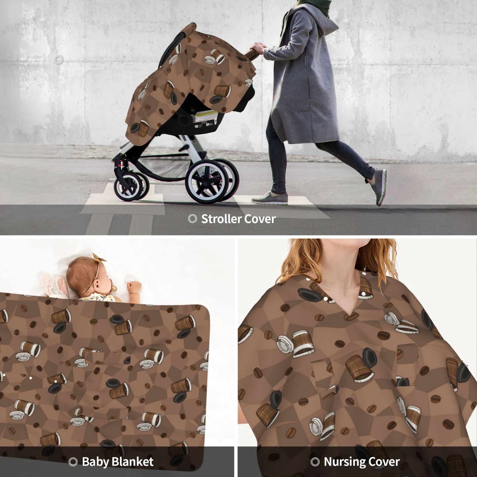 Car Seat Cover Baby - Warm Coffee Pattern Breathable Infant Car Seat Cover for Baby Carseat, Lightweight Comfort Baby Essentials Must Haves Newborn Stuff for Girl Boy