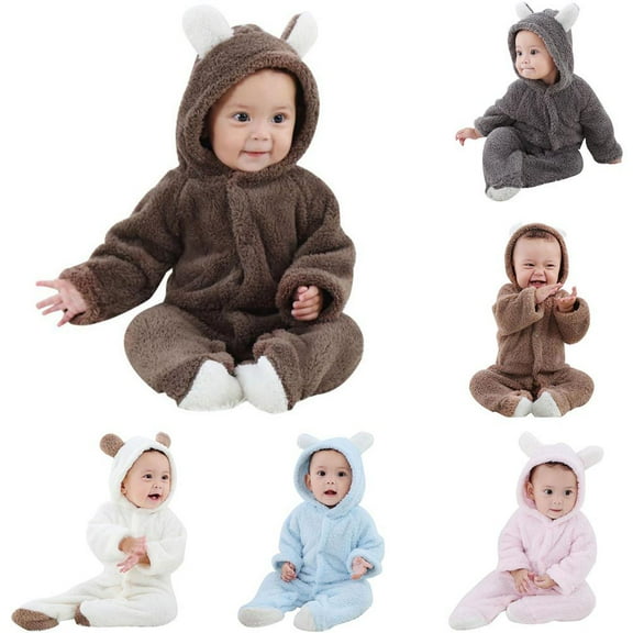 URMAGIC Baby Fleece Jumpsuit Outfit Hooded Coat Winter Infant Footie Rompers Toddler Clothing Bodysuit 0-12 Months
