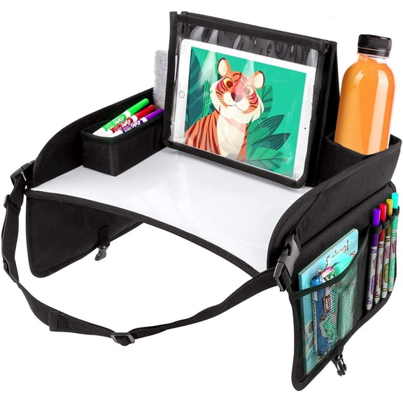 Kids Travel Tray, Toddler Car Seat Table with Tablet Stand, Foldable, Black