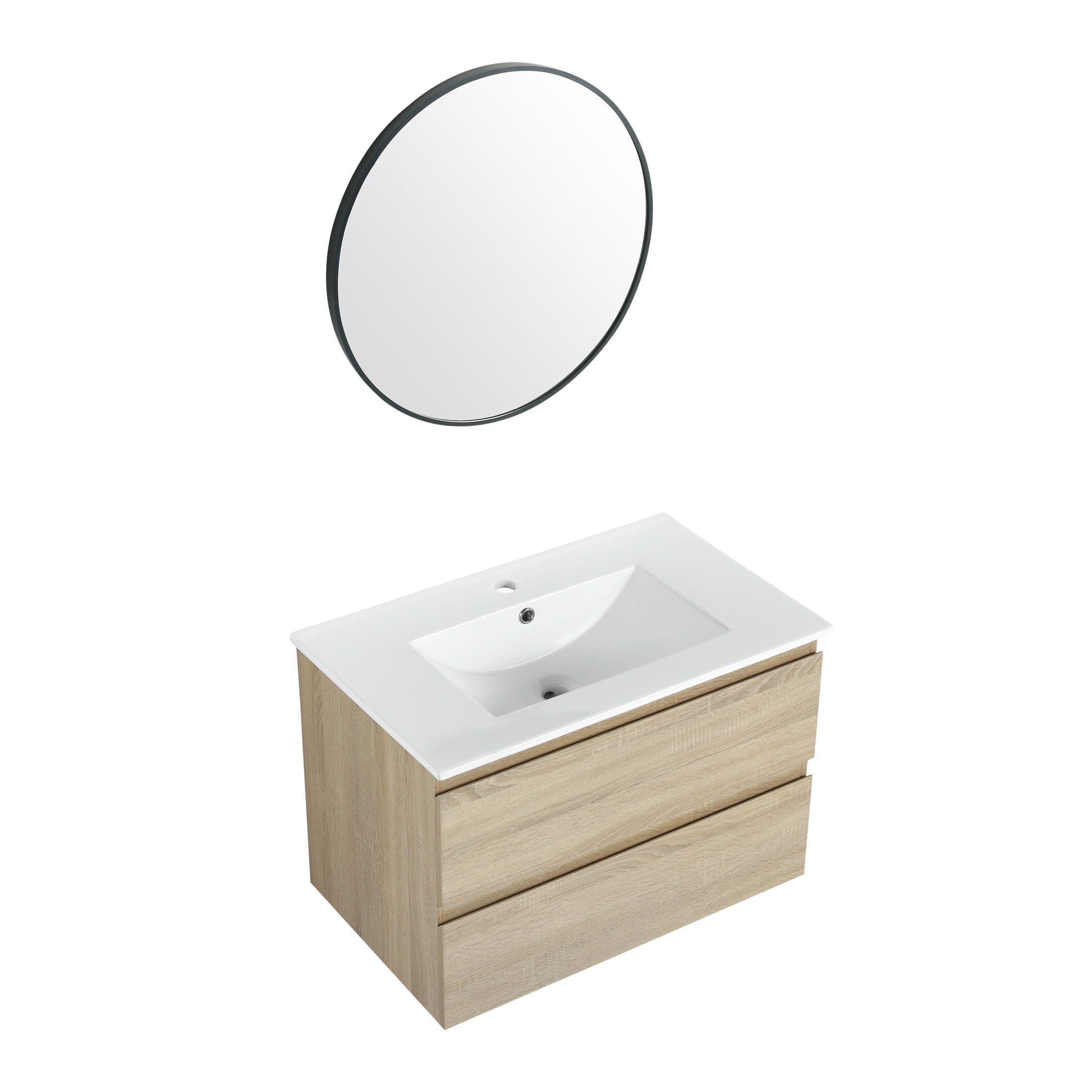 Noble House 30" Wall-Mounted Bathroom Vanity, Ceramic Sink, 2 Soft-Close Drawers, Wood Grain Finish, Light Oak