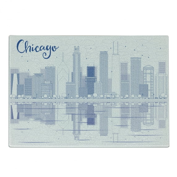 Chicago Skyline Cutting Board, Skyscrapers Reflection on Lake Michigan USA City Architecture Print, Decorative Tempered Glass Cutting and Serving Board, in 3 Sizes, by Ambesonne