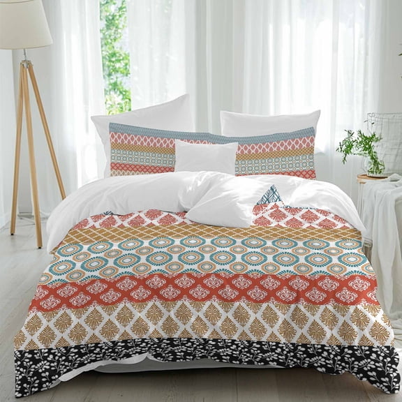 3 Piece Boho Duvet Cover Set Queen Size,Microfiber Comforter/Quilt Cover with Corner Ties and 2 Pillowcases,Colorful Striped Ethnic Modern Geometric Abstract Art Soft Bedding with Zipper Closure