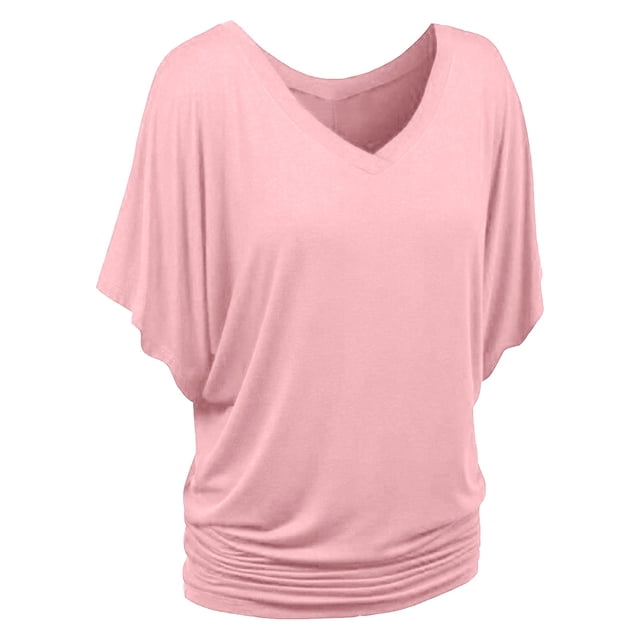 ameIAEA Summer Short Sleeve T-Shirts for Women V Neck Loose Ruffle Tops Solid Color Basic Tees