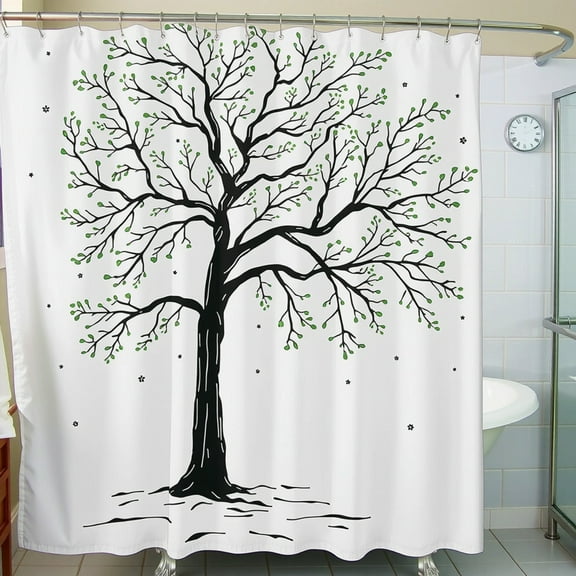 Stylish White Shower Curtain with Black & Green Tree Design - Nature-Inspired Decor