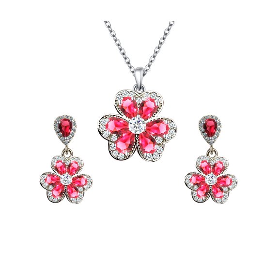 Bonjour Jewelers 18K White Gold Created Ruby, White Sapphire Flower Necklace And Earrings Set Plated