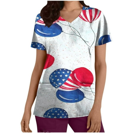 

abcnature Co.Ltd 4Th of July Scrubs Tops for Women American Flag Printed Short Sleeve Workwear T Shirts Holiday Patriotic V-Neck Uniform Blouse with Pockets