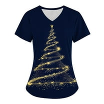 Holiday Savings! Titcea Christmas Scrub Tops Women Christmas Tree Printed Short Sleeved V Neck Nursing Uniforms with Pockets Lightweight Comfort Scrub Shirts