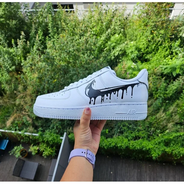 Air Force 1 Low Custom Mens Shoes, Black Swoosh Drip Drippy Ink Melting Womens