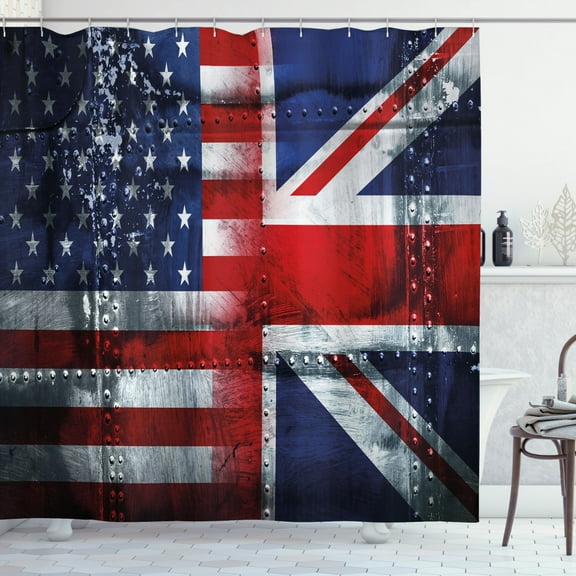 Ambesonne Union Jack Shower Curtain, UK and USA Flags Design, 69"Wx84"L, Navy Blue White Red