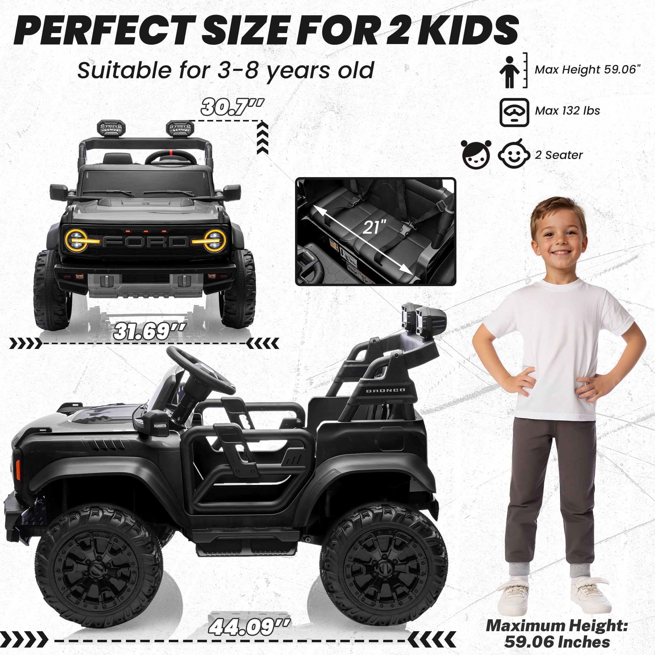 iYofe 24V 2 Seater Ford Bronco Raptor Powered Ride on Car with Remote Control, 4 Wheels Suspension, Ages 3-8, Black