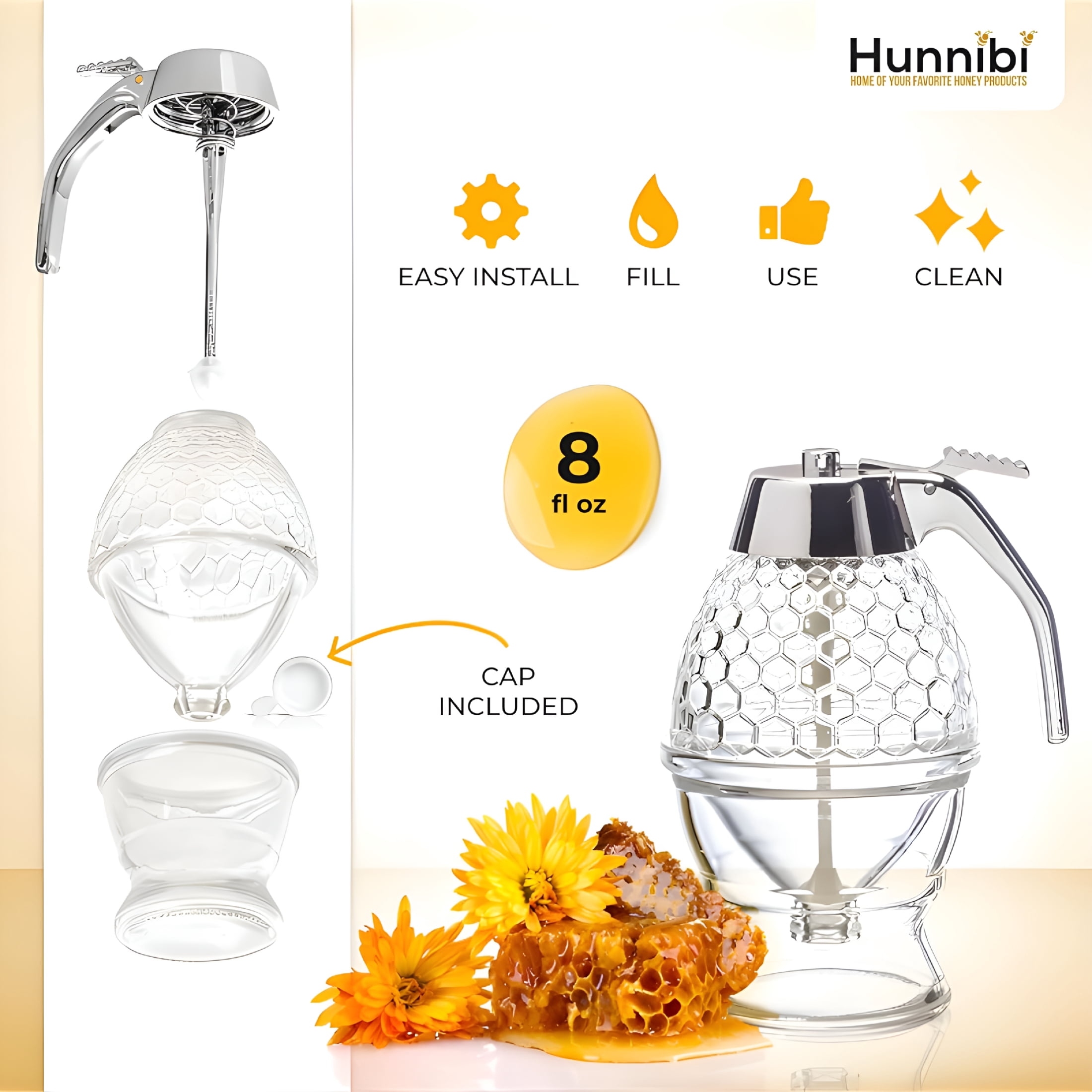 BPPEG 8Oz No Drip Glass Honey Dispenser with Plastic Top Honeycomb-Style Syrup Server and Bee-Themed Storage Jar with Stand 6"