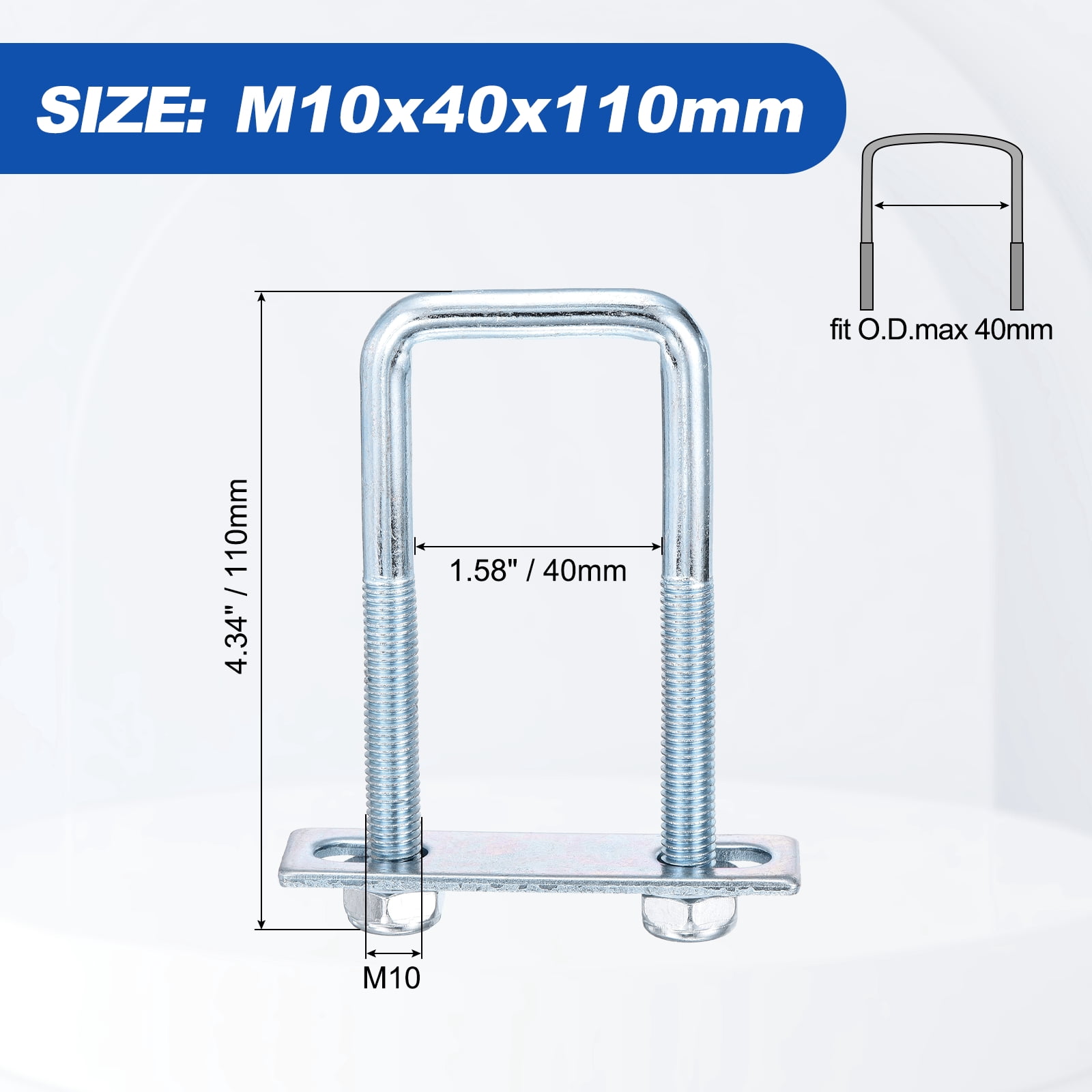 U Bolts 2Set (M10x40x110mm), Square U Bolt Kits Carbon Steel with Nylon Lock Nut Washers Plates - for Construction, Pipe, Trailer, Automotive, Leaf Spring Fastener