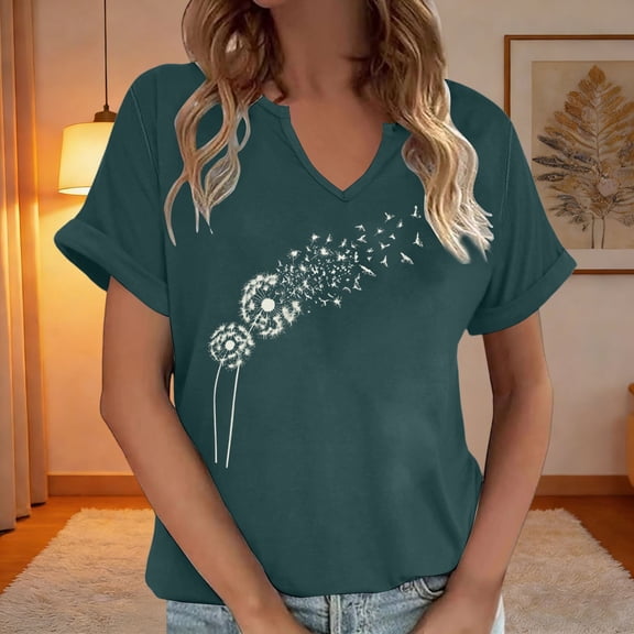 Trendfront Womens Dandelion Graphic Print Tee V Neck Short Sleeve Loose Fit T Shirts Casual Trendy Summer Vacation Pullover Tops