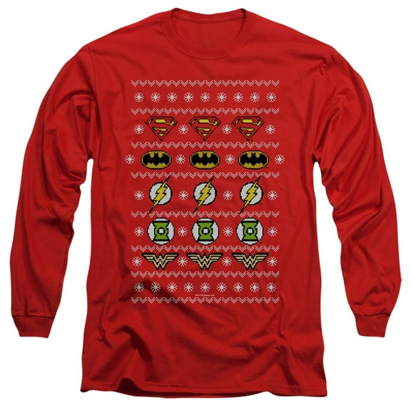 JLA Justice League Justice Shields ChristmaS/Sweater Long Sleeve Adult 18/1 T-Shirt Red