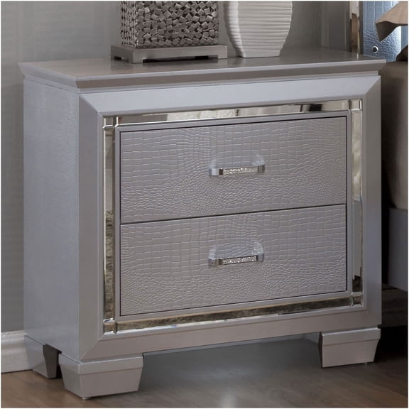 JERFIT Modern LED Nightstand with Charging Station, Silver Bedside Table with Light, 2-Drawer Glam Furniture for Bedroom