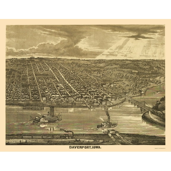Historic Panoramic View - Davenport Iowa - Andreas 1875 - 23 x 29.60 - Vintage Wall Art