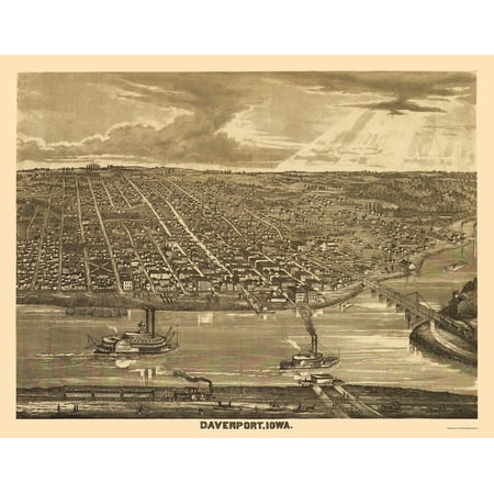 Historic Panoramic View - Davenport Iowa - Andreas 1875 - Vintage Wall Art