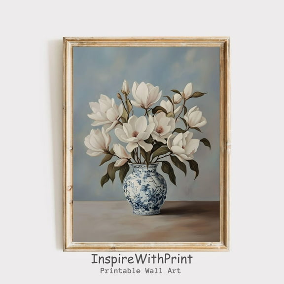Magnolia Flower Bouquet in Blue and White Chinoiserie Vase Print, Vintage Flower Vase Printable Magnolia Wall Art, Chinoiserie, Size 8x12 UNFFRAMED F03.1.5l1590