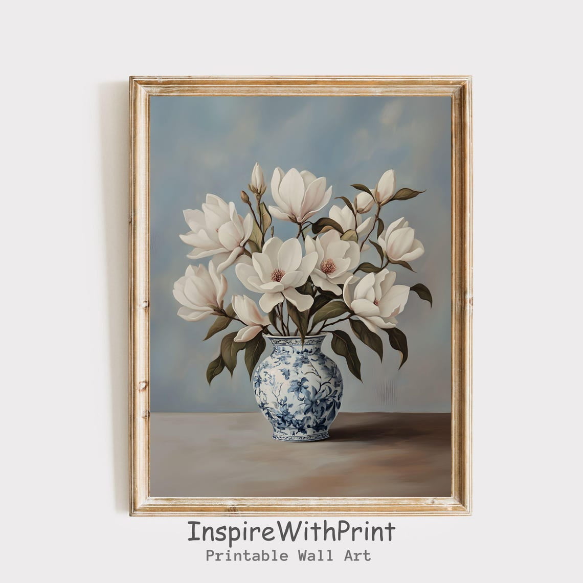 Magnolia Chinoiserie Wall Art Print, Blue White Vase And Vintage Floral Decor