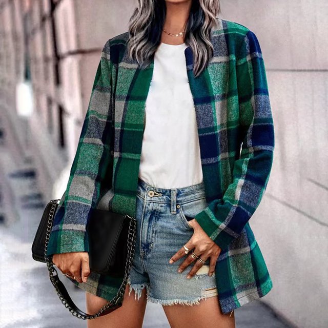 Puntoco Chaqueta tipo cárdigan con solapa holgada y manga informal a cuadros para mujer con bolsillo Puntoco Puntoco-1