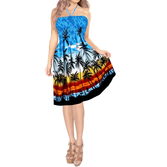 HAPPY BAY Women's Summer Boho Beach Backless Smocked Mini Flowy Dress Tube Top Strapless Dresses for Women One Size Lake Blue, Palm Tree View