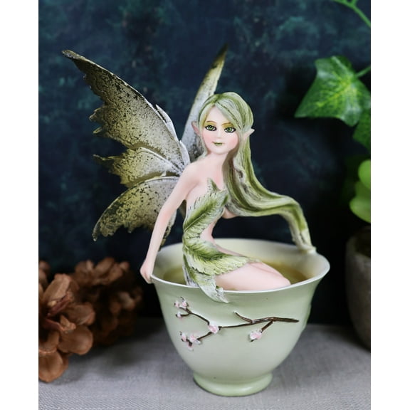 Ebros Amy Brown Matcha Green Tea Fairy In Teacup Figurine Fairy Garden 6"H