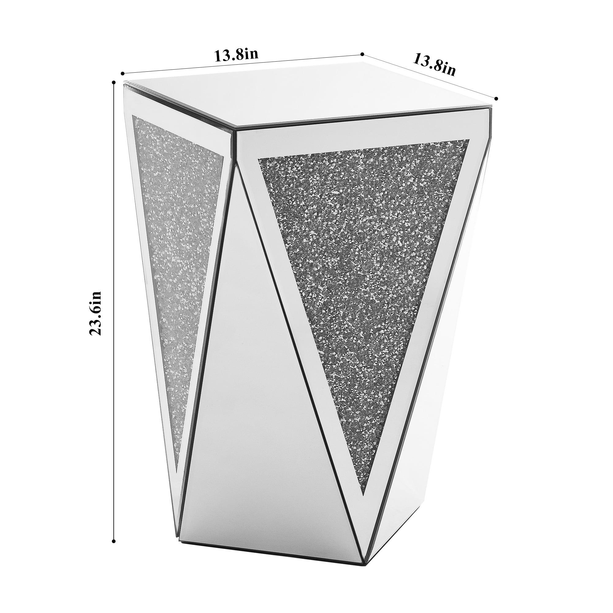 Inverted Triangular Mirror Square End Table, Silver Side Table with Crystal Diamond Inlaid, Glass Table for Corridors, Living Rooms, Bedrooms, Sofas