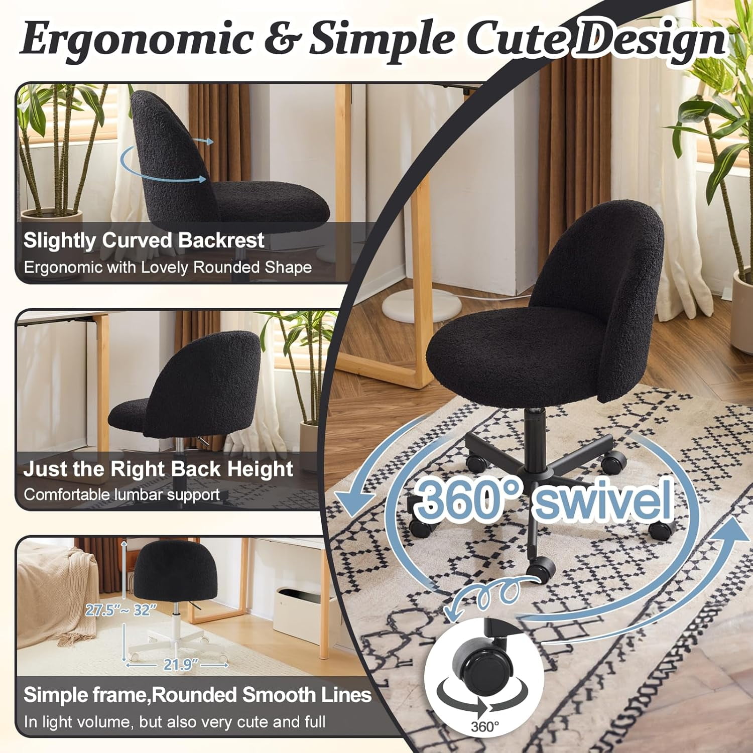 Matladin Modern Vanity Chair with Back, Silent Wheels, Velvet Desk Chair for Girls, Small Office Chair, Stylish and Comfortable